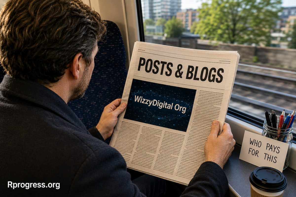 Man on a train reading a newspaper page headed Posts and Blogs featuring Blog WizzyDigital Org, beside a note reading who pays for this