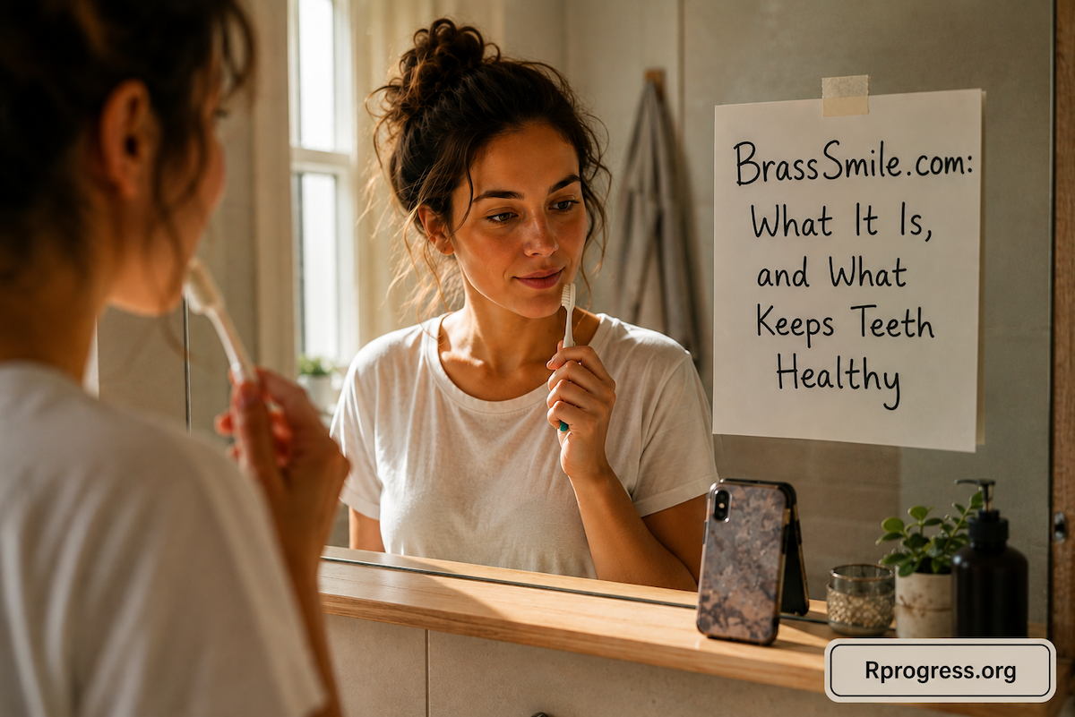 A woman at a bathroom mirror with a toothbrush beside a handwritten sign reading Brasssmile Com