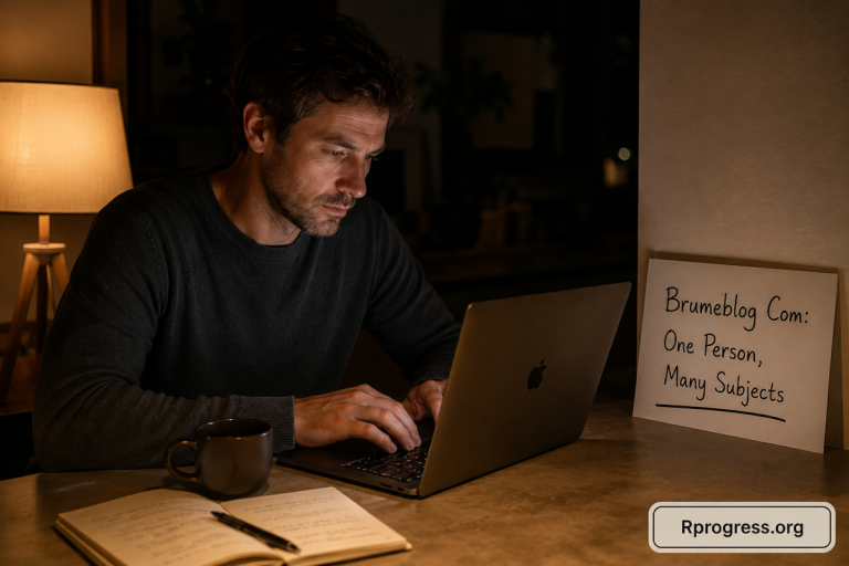 A man writing on a laptop alone at a kitchen table at night beside a handwritten sign reading Brumeblog Com One Person Many Subjects