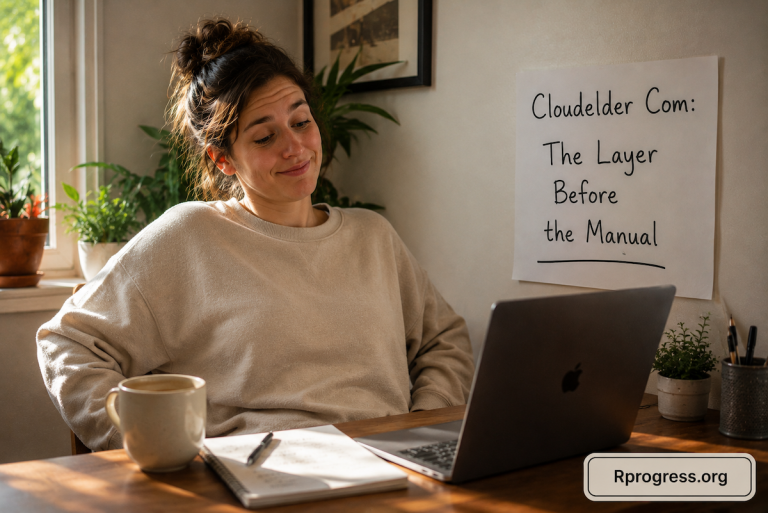 A woman at a laptop looking wryly at the screen beside a handwritten sign reading Cloudelder Com The Layer Before the Manual