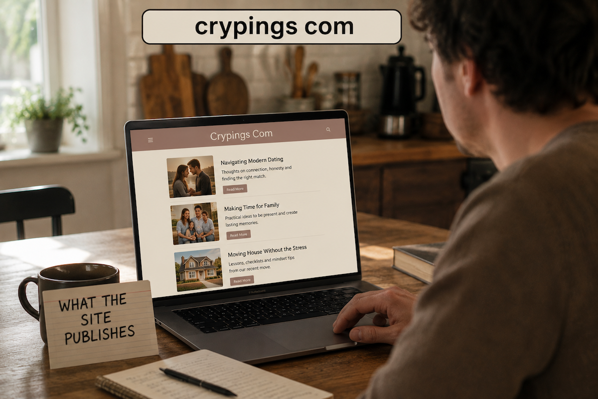 Person at a kitchen table reading the crypings com homepage on a laptop, showing article cards about dating, family and moving house