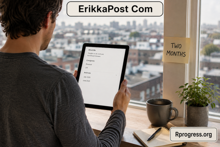Person at a window holding a tablet showing the erikkapost com archive list with two entries, beside a note reading two months